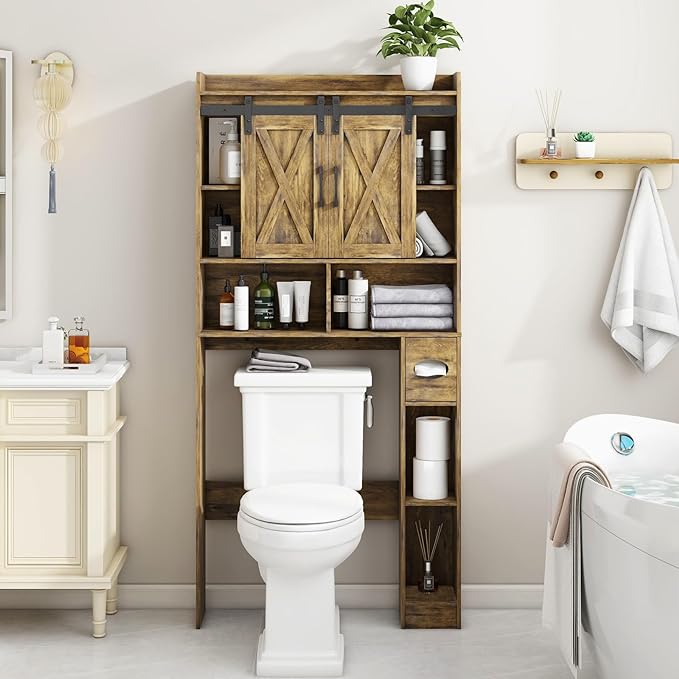 Over The Toilet Storage Cabinet, Farmhouse Storage Cabinet Over Toilet with Sliding Doors & Toilet Paper Holder Stand