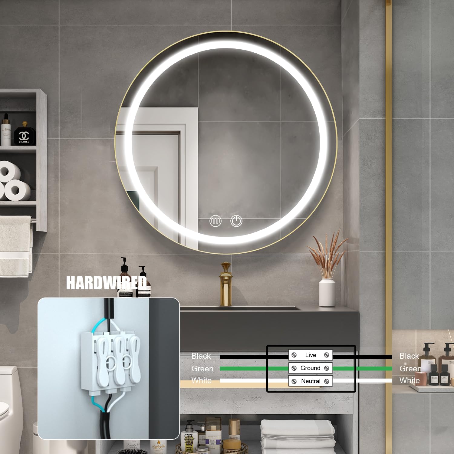 30 inch Round Medicine Cabinet with Lights,Led Medicine Cabinet with Defogger,Illuminated Mirror Cabinet for Bathroom,Dimmable,Defogger,3 Color Temperature 3000k-6500k Black