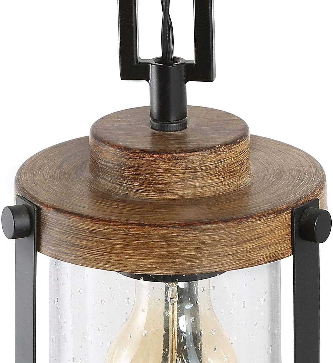 Pendant Lighting for Kitchen Island, Farmhouse Mini Chandelier in Faux Wood Metal with Bubbled Glass Shade