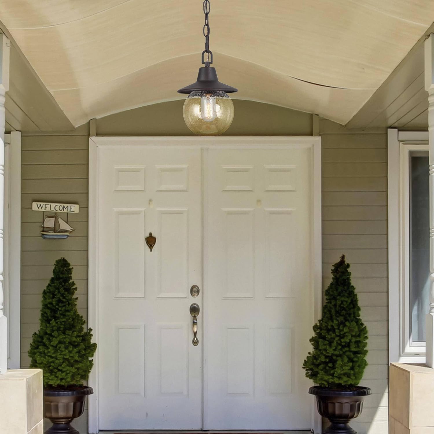 Outdoor Globe Pendant Light Fixture, Farmhouse Exterior Lights with Adjustable Chain, Anti-Rust Ceiling Outdoor Light with Seeded Glass