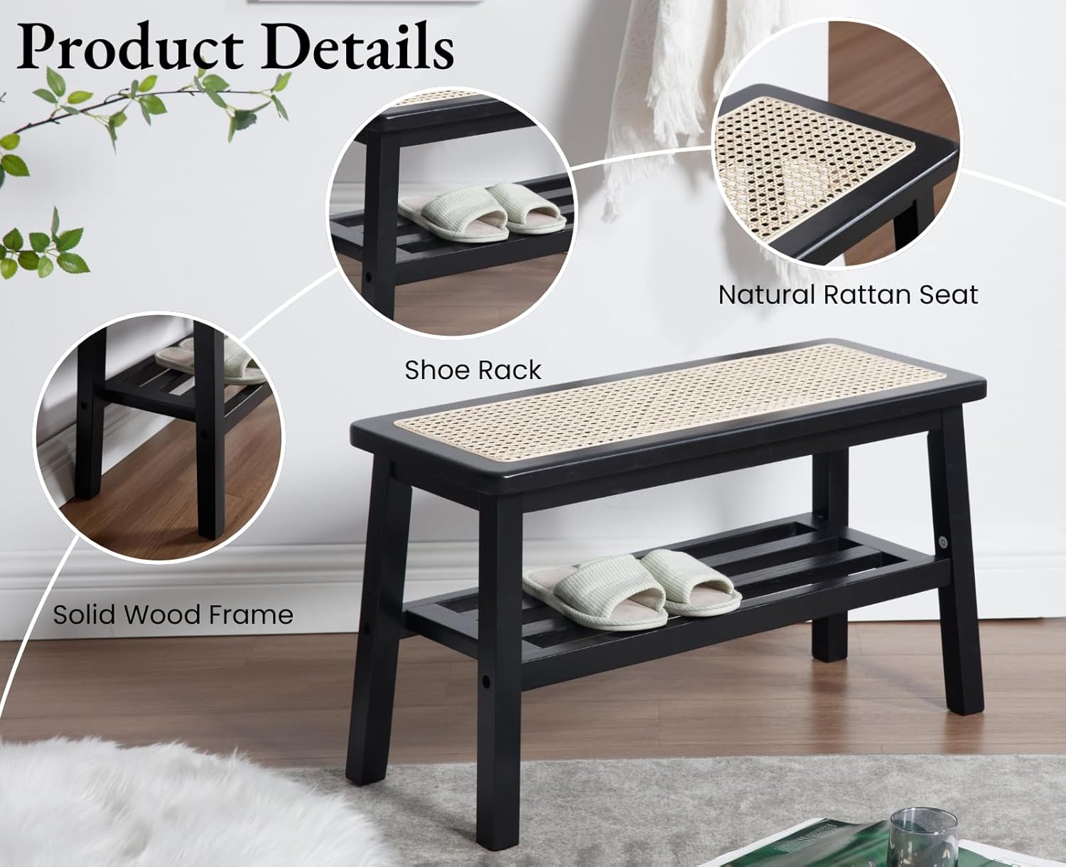 Rattan Entryway Bench with Storage Wood Shoe Rack Bench Farmhouse 2 Tier Storage Shoe Bench Mid Century Small Window Bench with Cane Seat