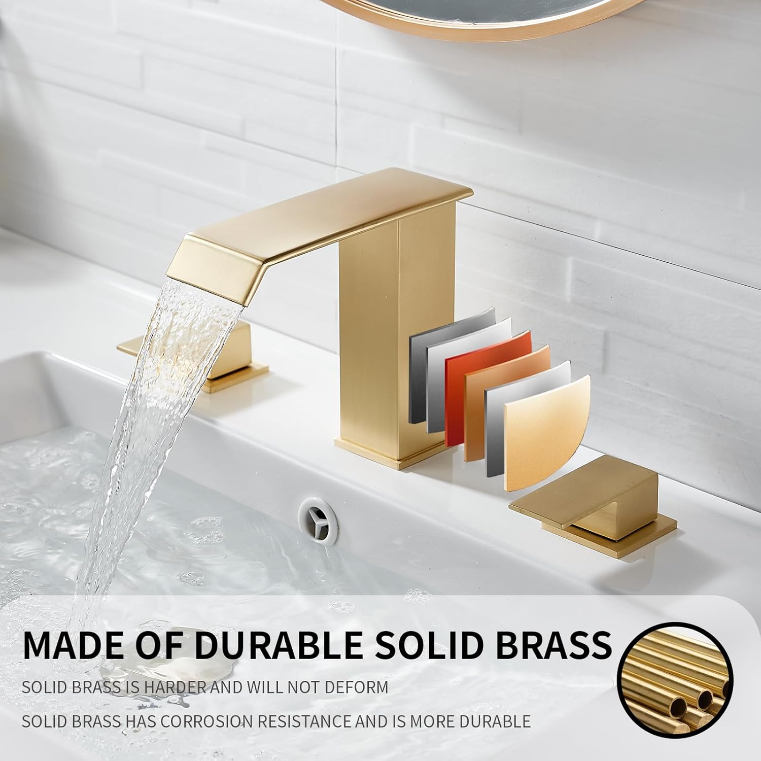 Bathroom Faucet 2 Handles 3 Hole Waterfall Brushed Gold Bathroom Faucets Widespread 8-16 inch Basin Sink Faucet Brass Lavatory Vanity with Pop Up Drain 2 Hot/Cold Supply Hoses Commercial Deck Mounted