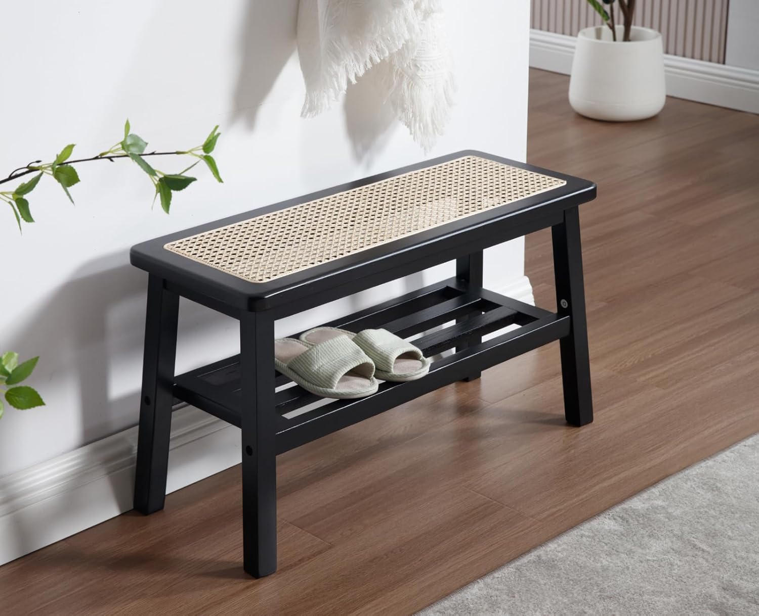 Rattan Entryway Bench with Storage Wood Shoe Rack Bench Farmhouse 2 Tier Storage Shoe Bench Mid Century Small Window Bench with Cane Seat