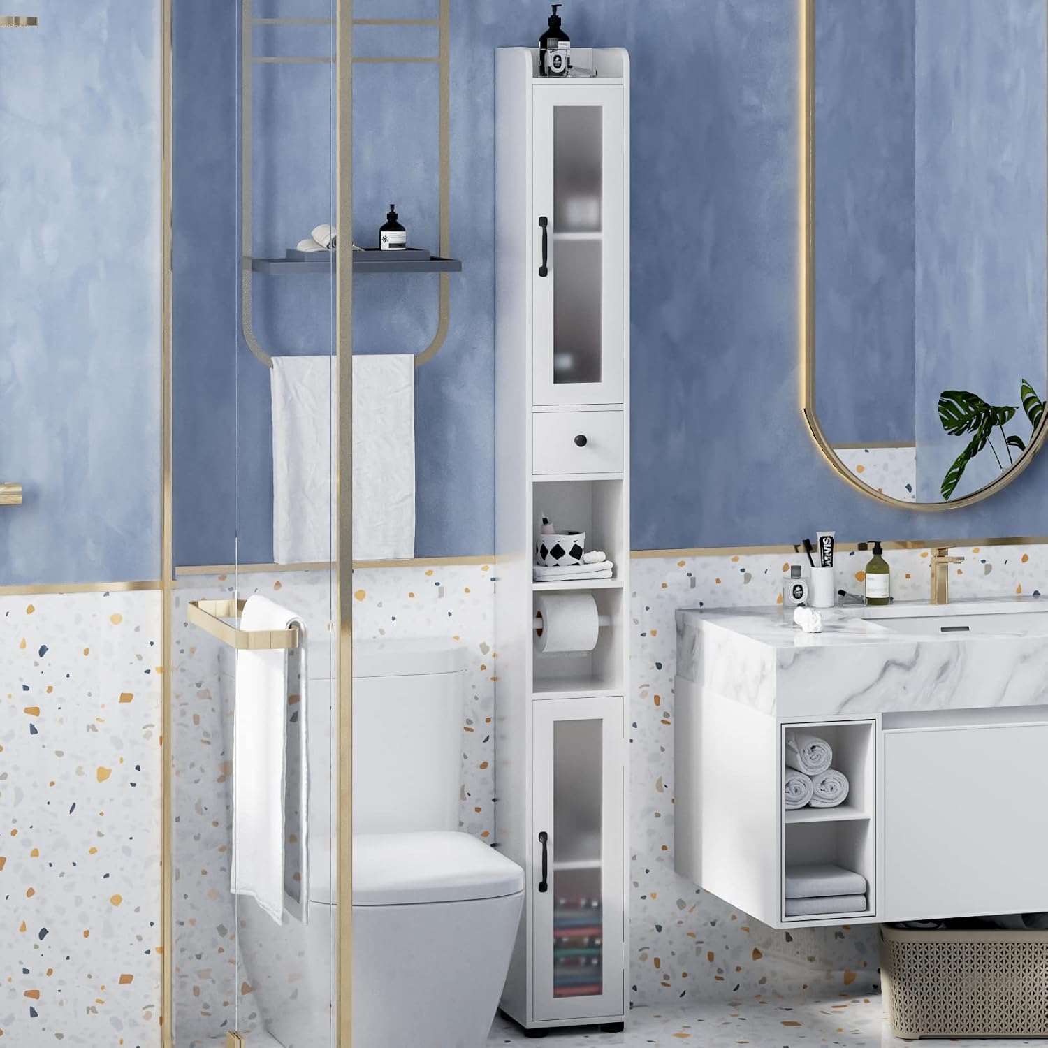 Bathroom Storage Cabinet with 2 Frosted Glass Doors, Tall Narrow Cabinet with Doors and Shelves Adjustable, Slim Cabinet for Small Spaces