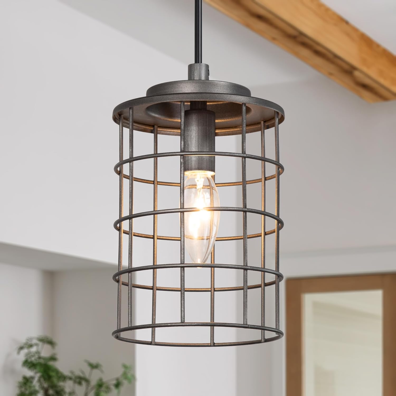 Farmhouse Cage Pendant Light Fixtures, Rustic Industrial Hanging Pendant Lighting with Brushed Finish
