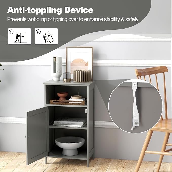 Bathroom Storage Cabinet, Freestanding Wooden Bathroom Floor Cabinet with Door, Open Shelf