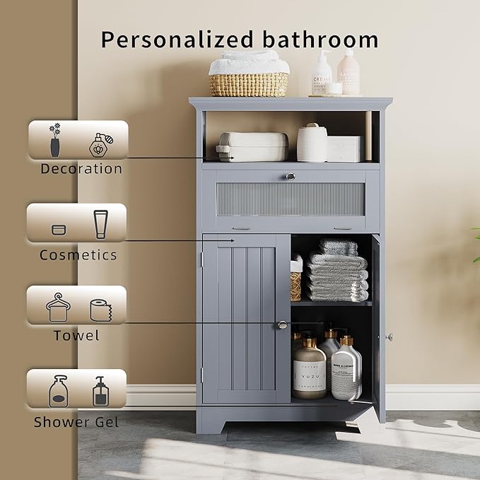 Bathroom Floor Storage Cabinet with Flip Glass Drawer, Bathroom Cabinets Freestanding with 2 Doors Adjustable Shelf & 1 Open Storage