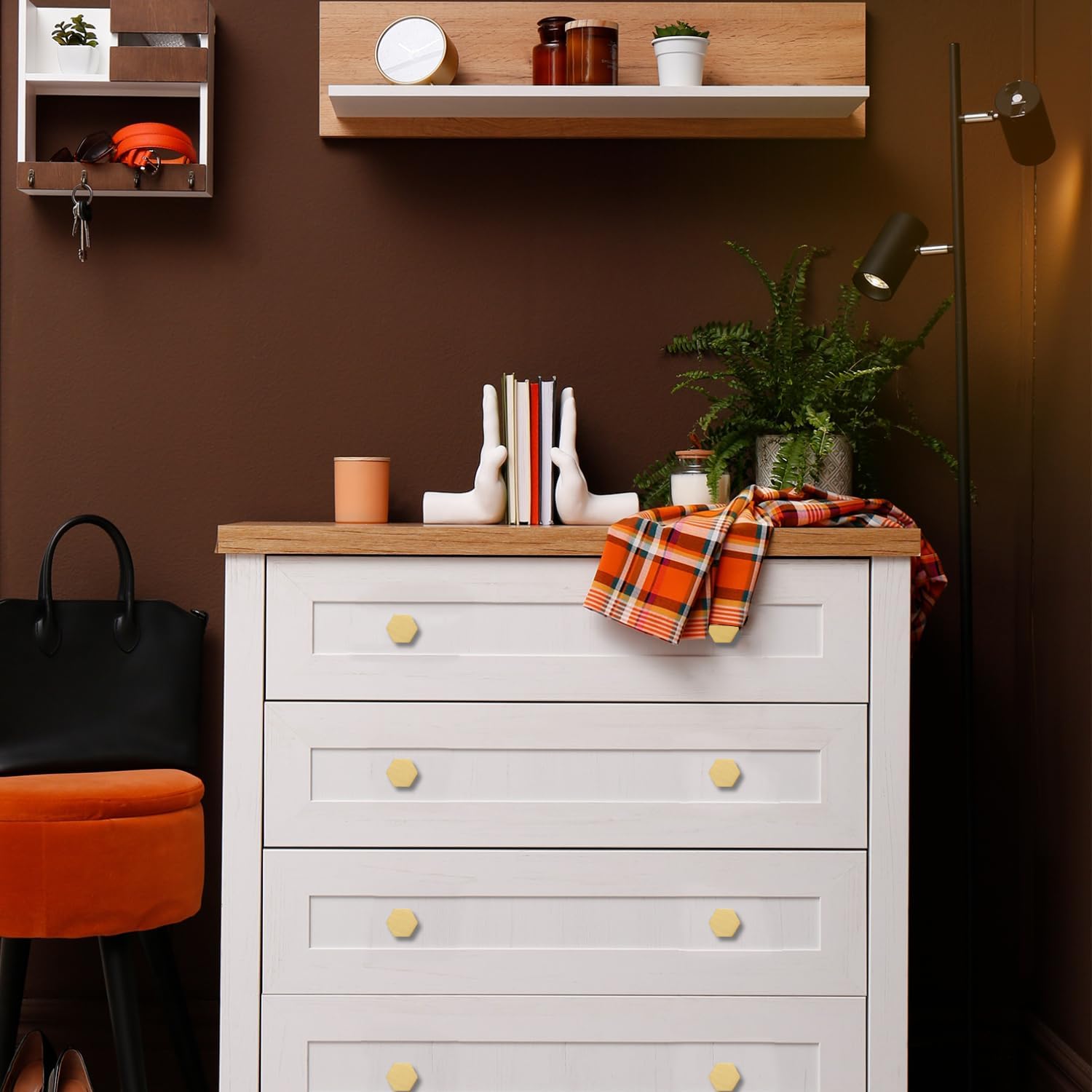 1-1/10" Solid Brass Knobs Shoe Cabinets Knob and Pulls Brushed Gold Hexagon Handles for Dresser Drawer (8Pcs)