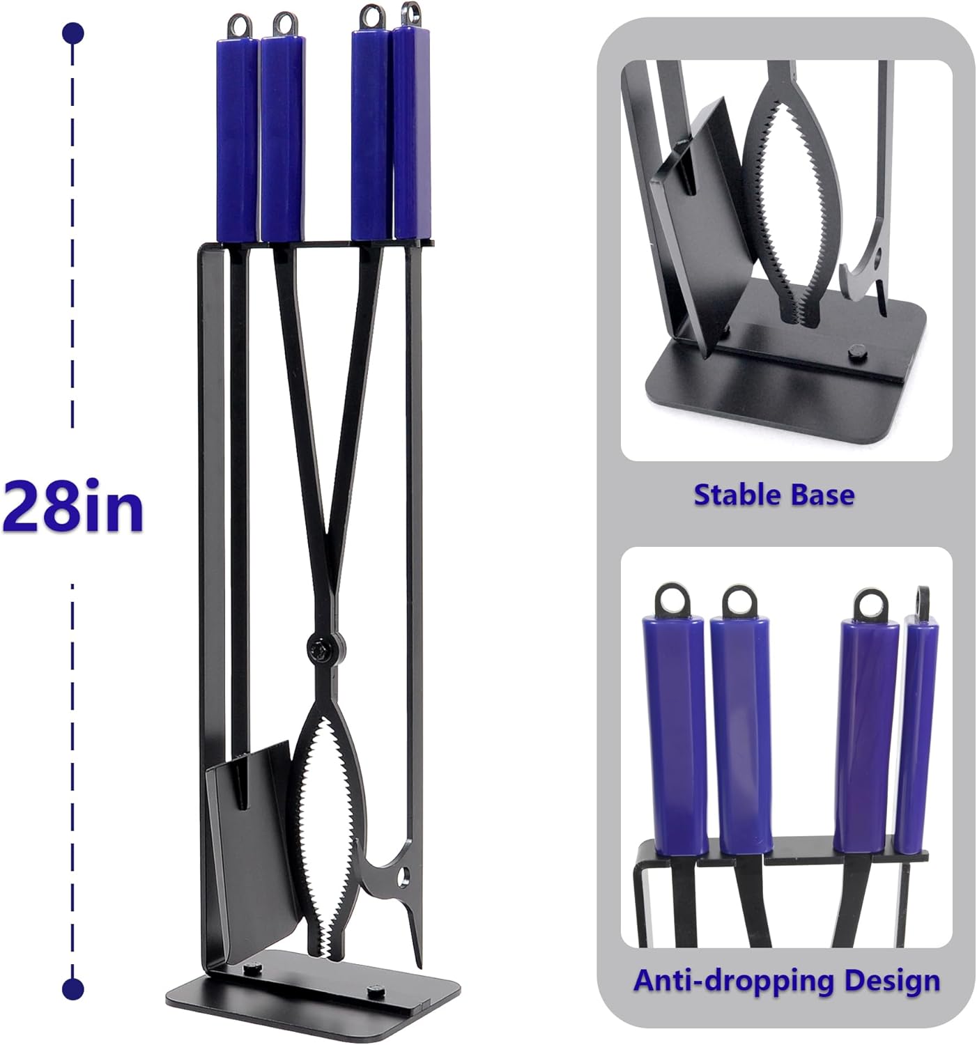 Fireplace Tools Set Indoor, 28" Fire Poker Fire Tongs and Shovel, Wrought Iron Firewood Tongs with Metal Stand and Rubber Handle