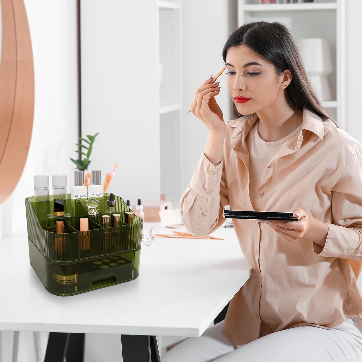 Makeup Organizer Countertop for Vanity, Stackable Dresser Make up Organizer with Drawers, Dark Green Plastic Bathroom Cosmetics Skincare Organizer for Perfume, Lipstick, Lotion