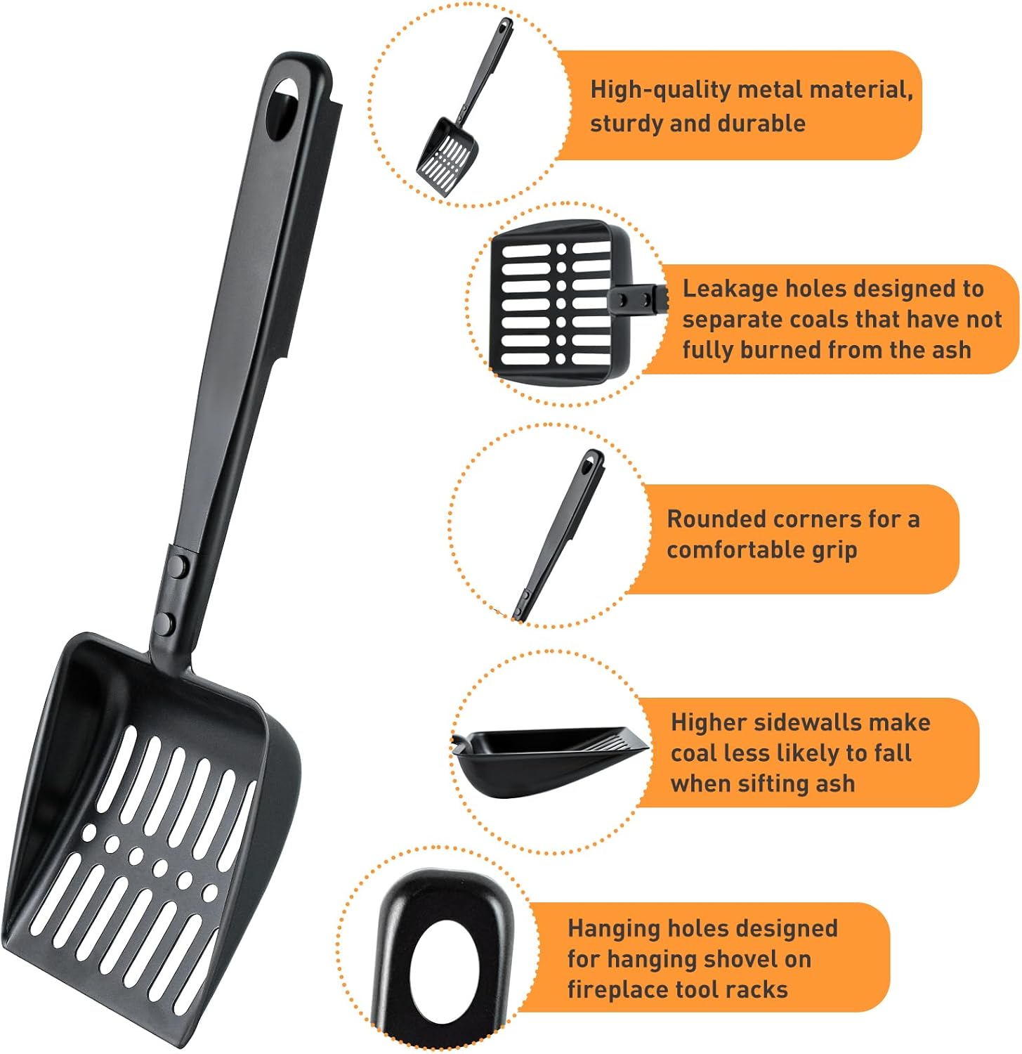 13 Inch Hollow Out Fireplace Ash Sifter Metal Black Coal Shovel Heat Resistant Fireplace Scoop Charcoal Shovel Fireplace Tools with Self-Adhesive Hook