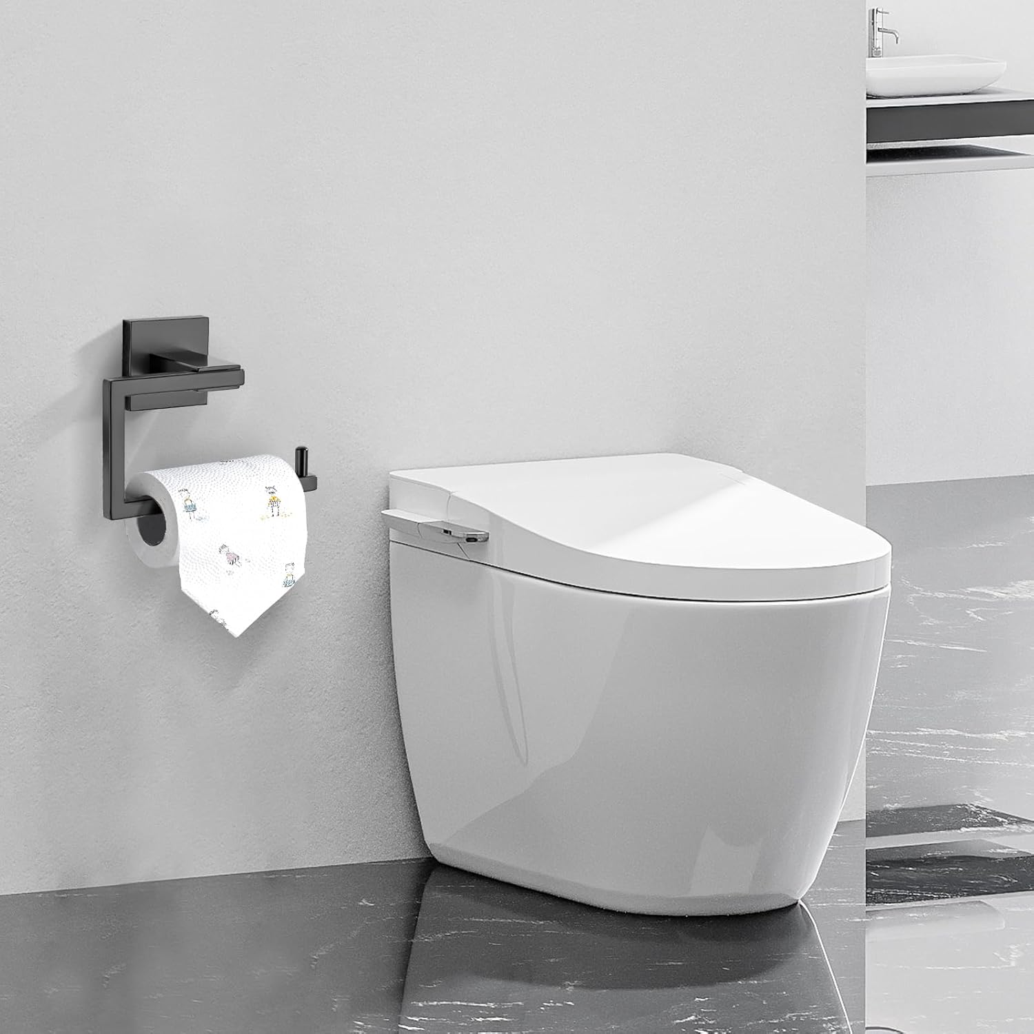 Towel Holder & Toilet Paper Holder Black, Bathroom Hardware Set, Stainless Steel Hand Towel Ring Bar, Wall Mounted Towel Hanger Tissue Roll Holder for Kitchen Lavatory 2 Pcs