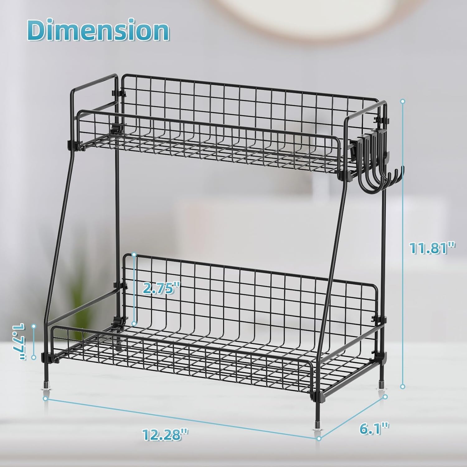 2 Tier Bathroom Organizer Countertop, Metal Wire Bathroom Counter Organizer Storage with Hooks, Vanity Tray Shelf, Kitchen Spice Rack, Black