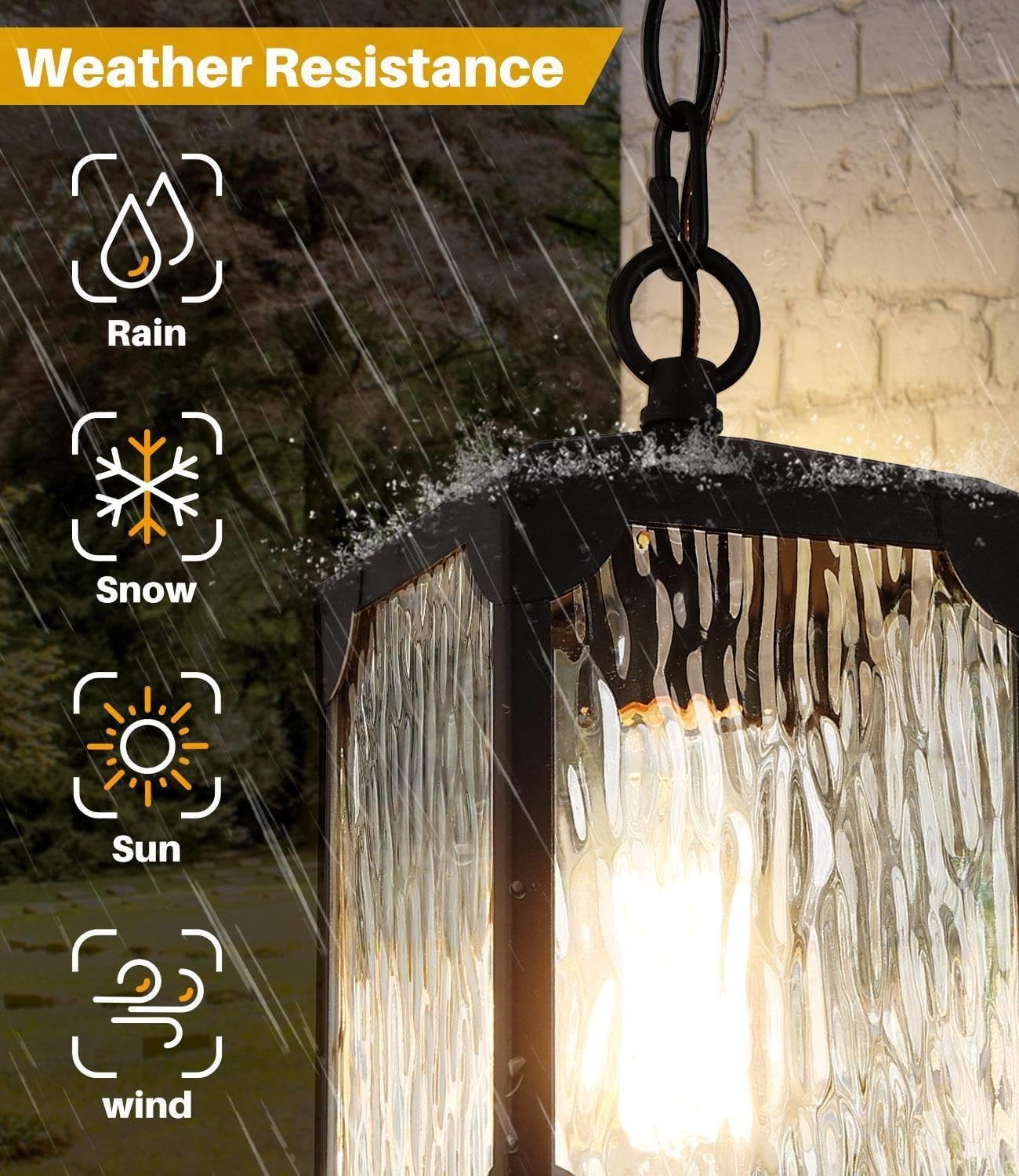 Farmhouse Exterior Lights, Anti-Rust Ceiling Outdoor Light with Water Ripple Glass, Square Hanging Lantern