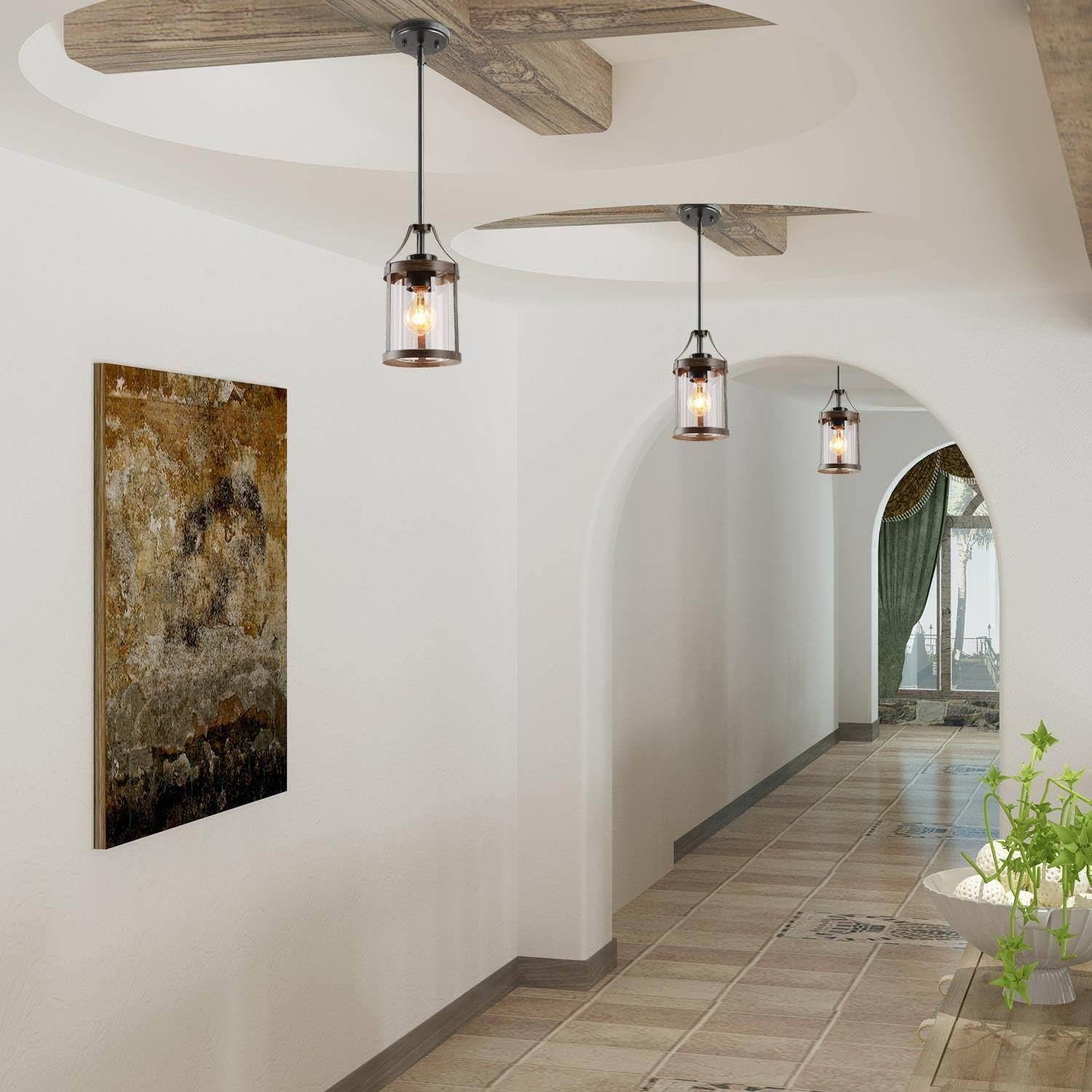 Pendant Lighting for Kitchen Island, Farmhouse Mini Chandelier in Faux Wood Metal with Bubbled Glass Shade