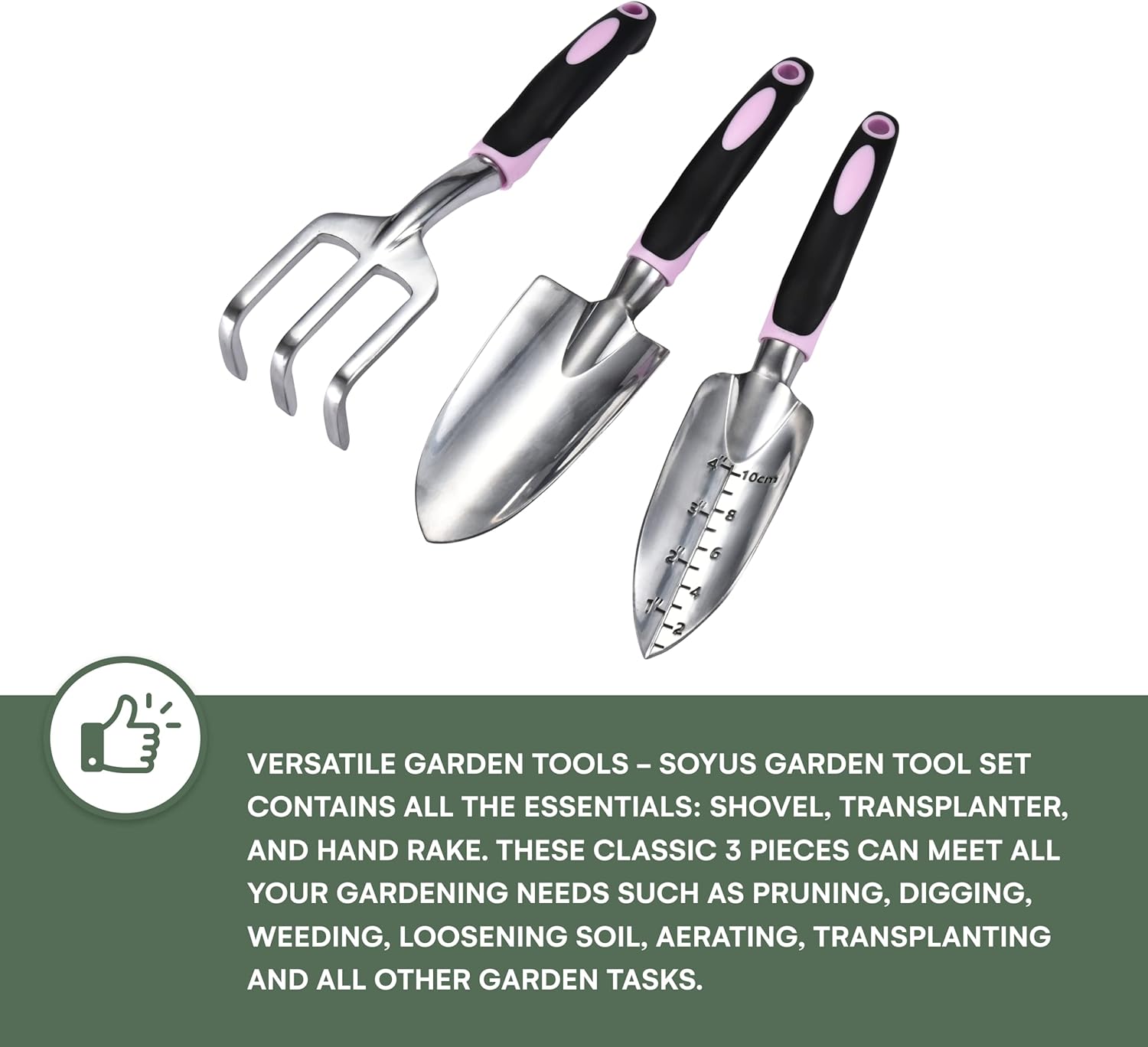 Garden Tool Set - Heavy Duty 3-Piece Gardening Kit - Aluminum Alloy Spade Shovel, Transplant Hand Trowel, and Cultivator Rake