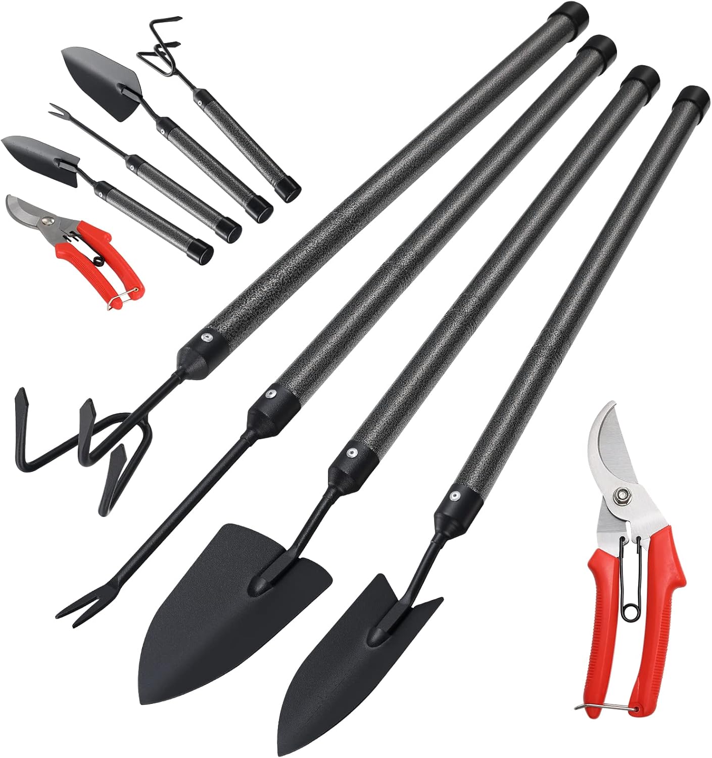 Garden Tools Set with Extension Handles, 5 Piece Thick Gardening Hand Tools, Heavy Duty Steel Rust-Proof Weeding Planting Tool