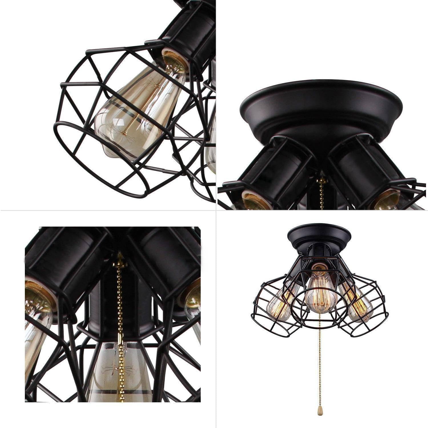 Farmhouse Semi Flush Mount Ceiling Light Fixture, Black Industrial 3-Light Cage Ceiling Light Fixture with Pull Chain