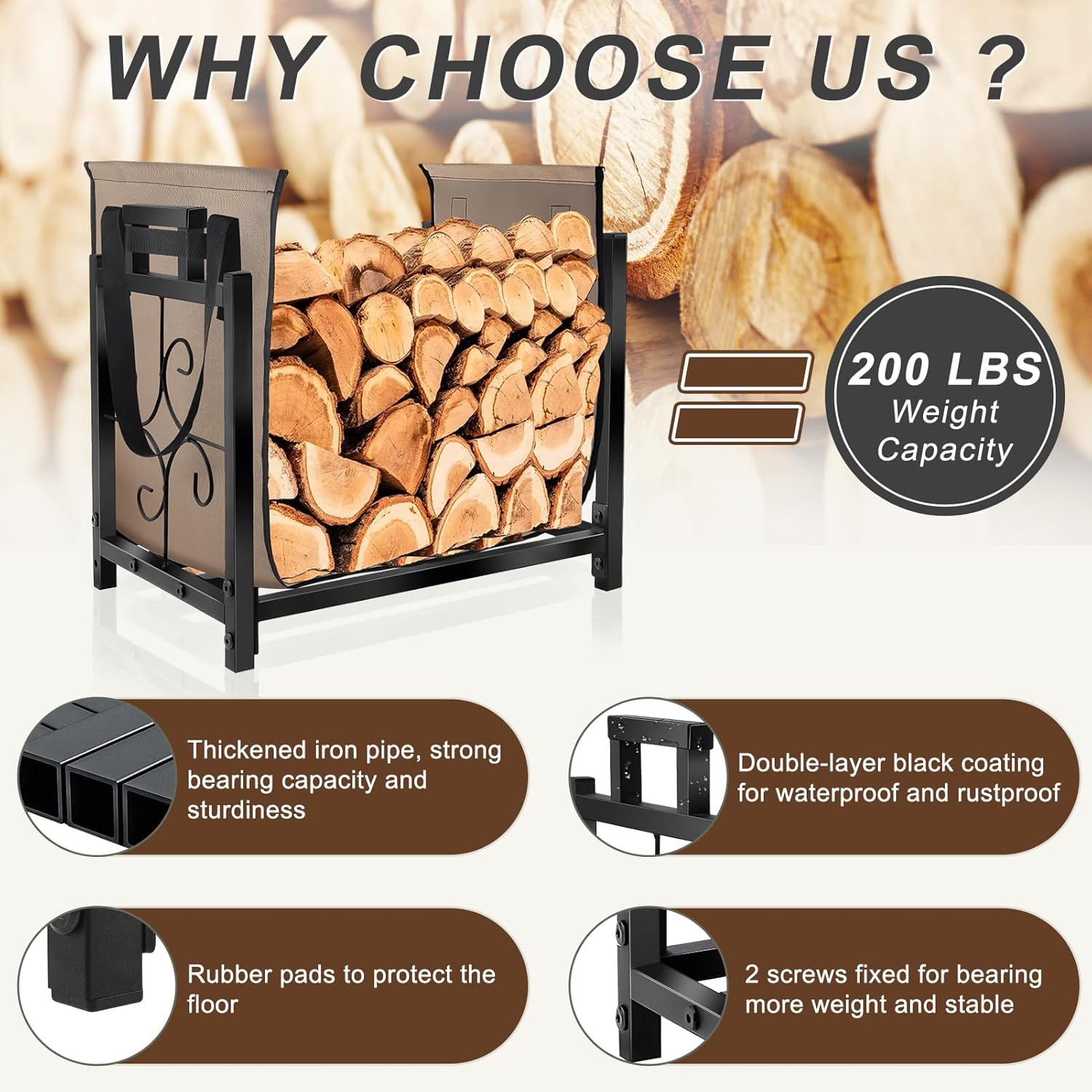 Firewood Rack Indoor Outdoor with Log Carrier Bag, Heavy Duty Metal Firewood Log Holder with Handle Rustproof Fire Wood Storage Racks