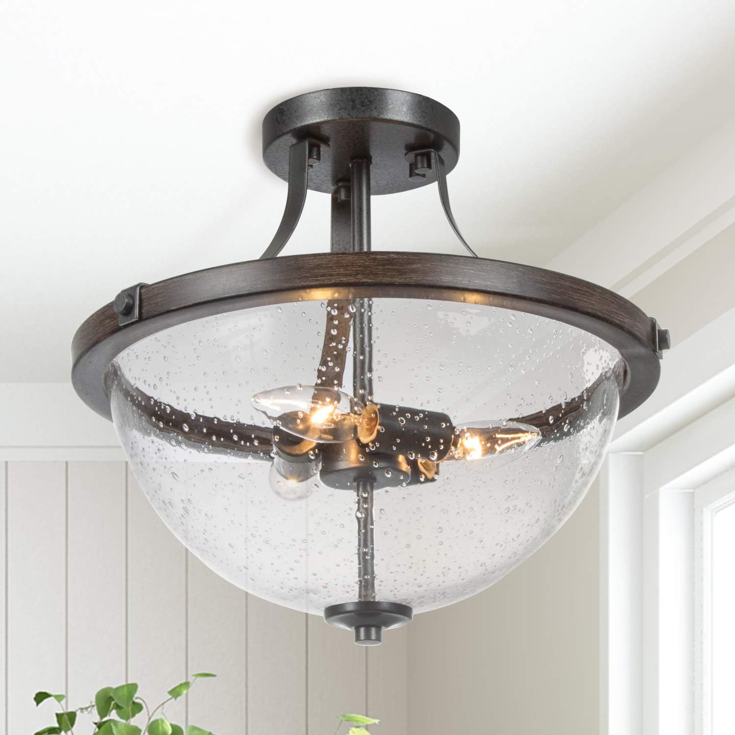 Semi Flush Mount Ceiling Light with Seeded Glass Shade