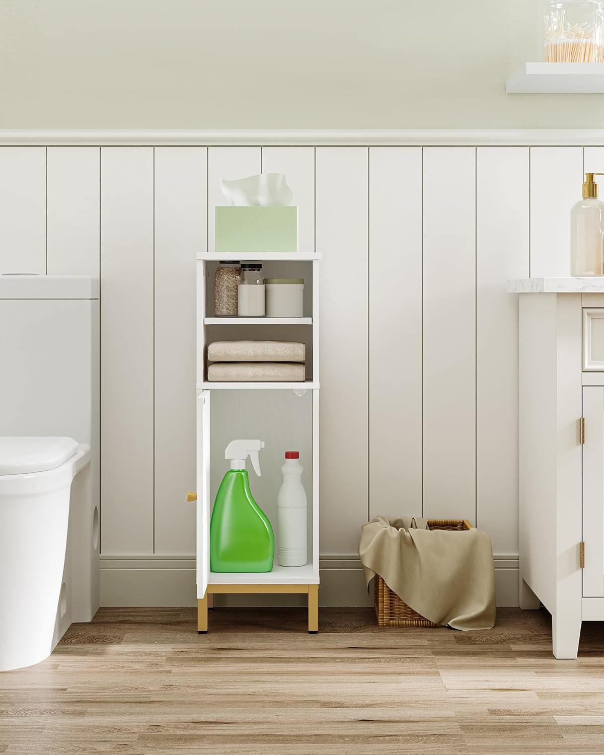 Bathroom Storage Cabinet, Corner Floor Cabinet with Door & Shelves, Customized Door Opening Direction