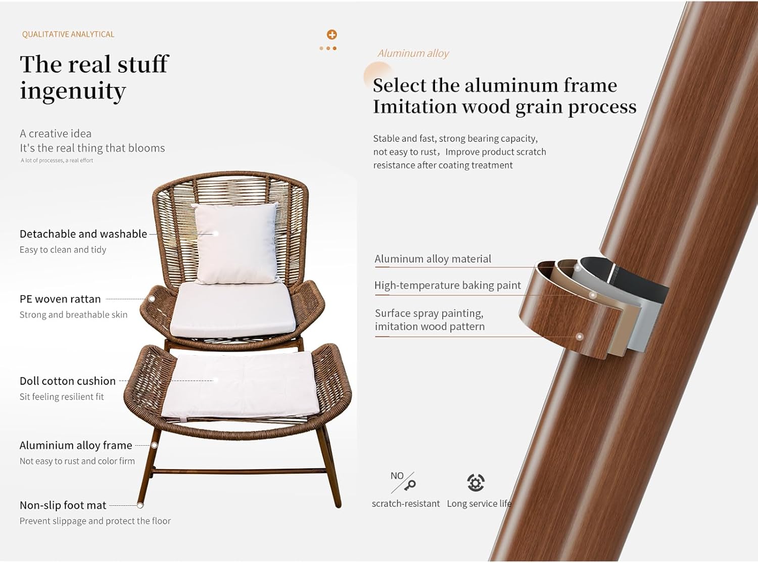 Patio Lounge Chair and Footrest Chair Set PE Wicker Aluminum Chair with Footrest Chair Outdoor Chaise Lounger