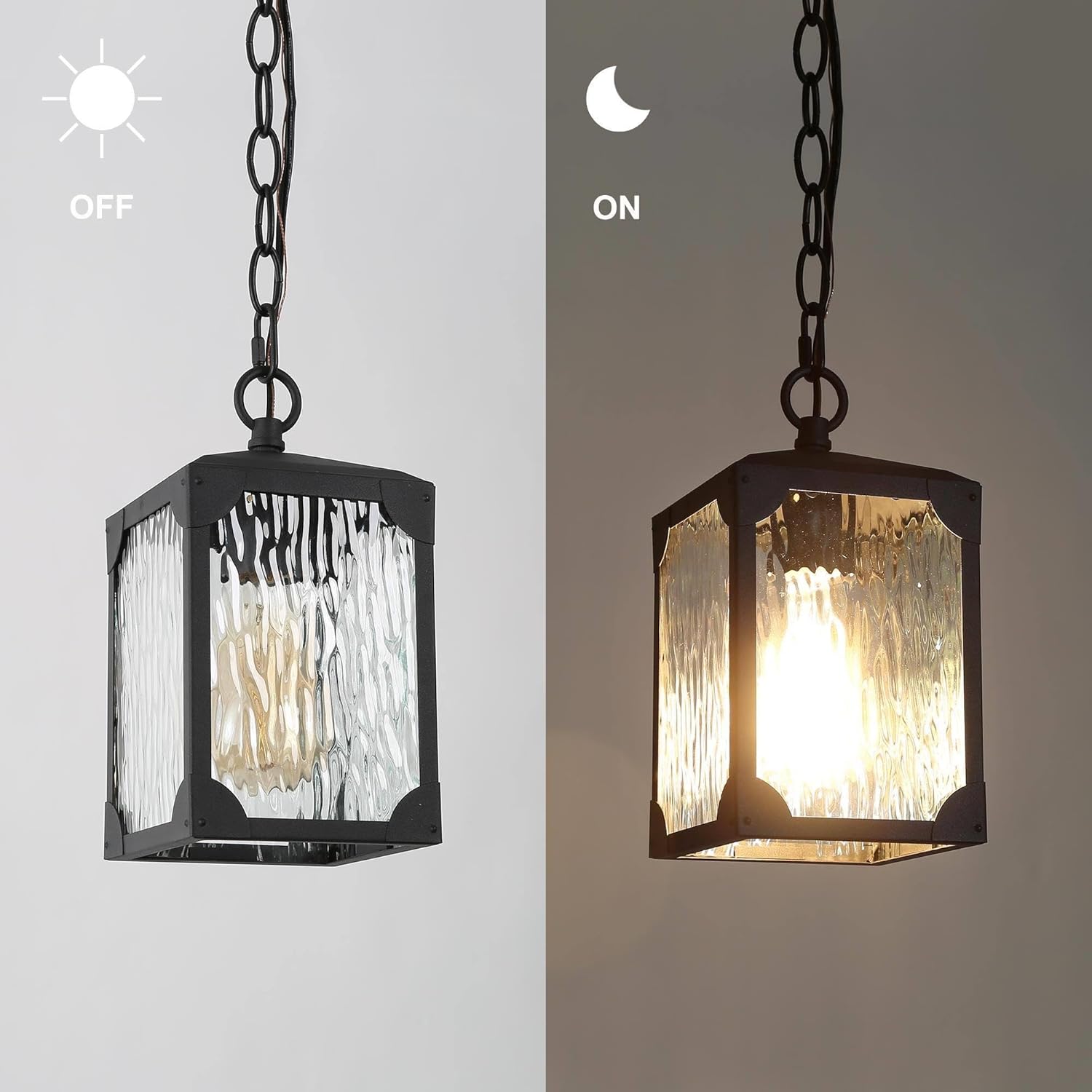 Farmhouse Exterior Lights, Anti-Rust Ceiling Outdoor Light with Water Ripple Glass, Square Hanging Lantern