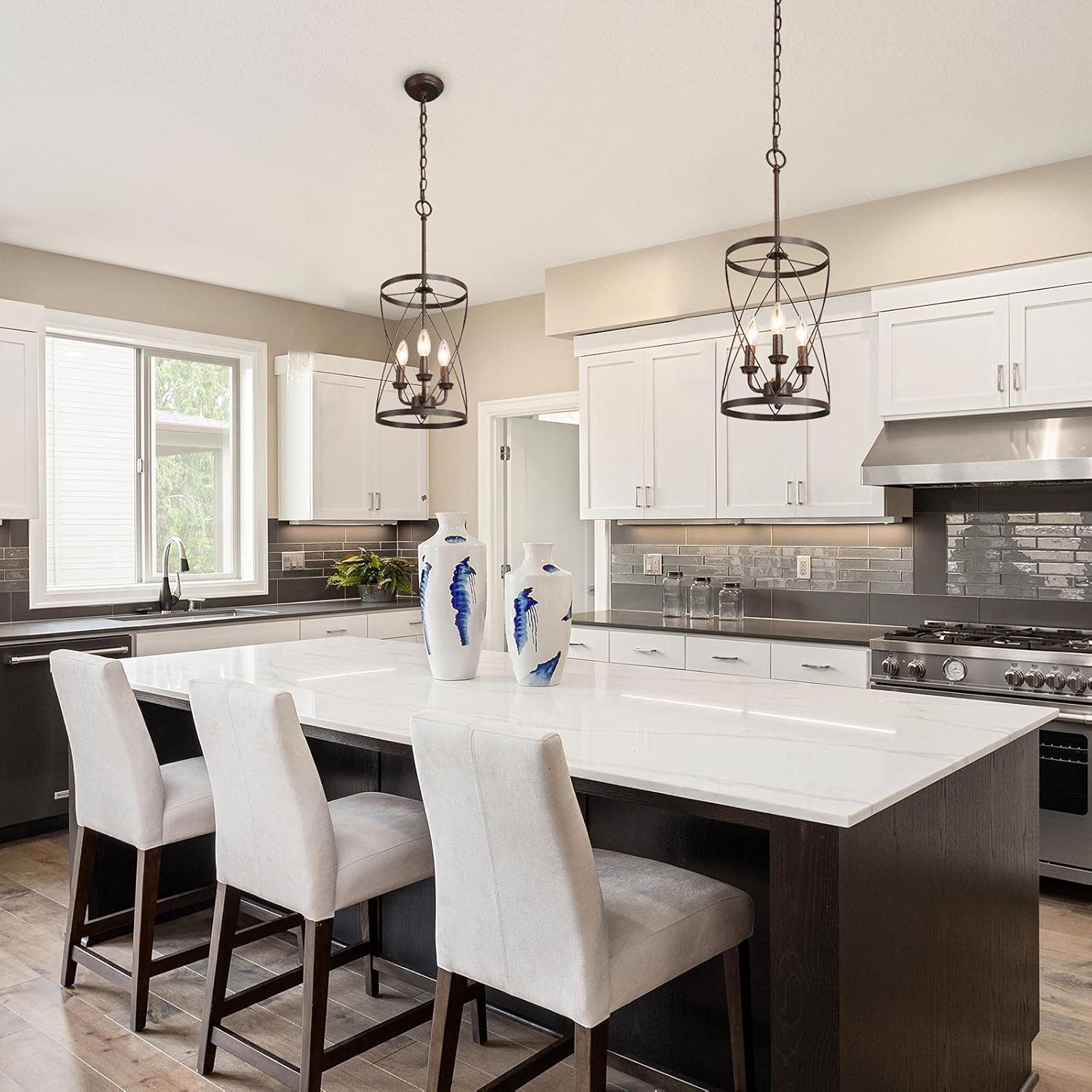 3-Light Industrial Chandeliers, Vintage Foyer Hanging Lighting Fixture