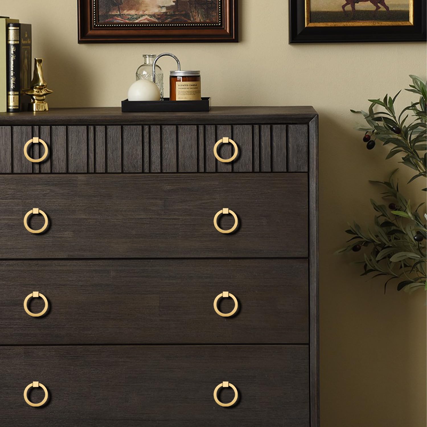 10Pcs 2.0" x 1-7/8" Solid Brass Pulls for Dresser Drawer Ring Pulls Furniture Hardware Brushed Gold Wardrobe Door Handles