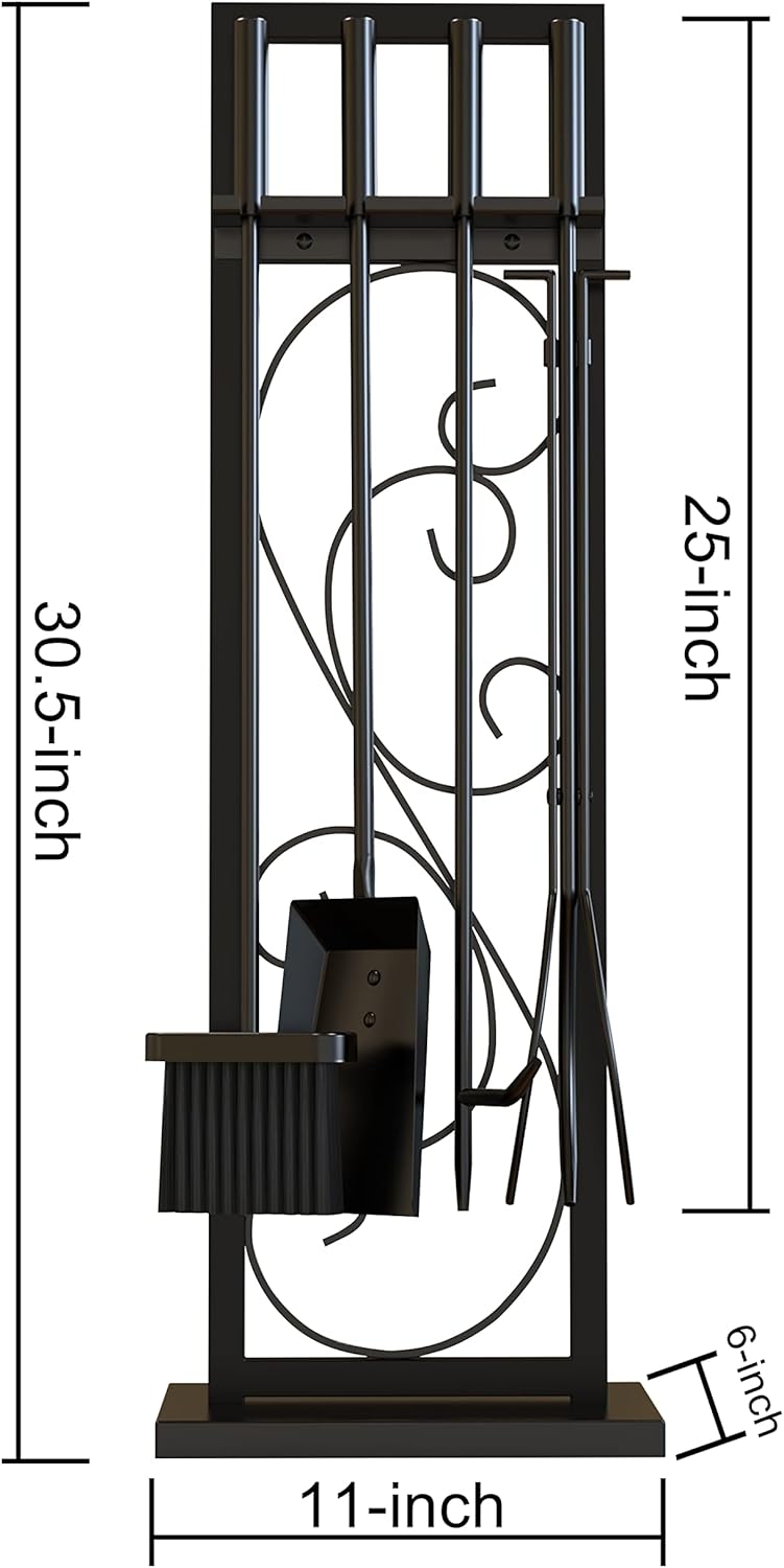 5 Piece Black Steel Fireplace Tool Set Fireplace Tool Furnace Accessory Kit with Brush, Poker, Spatula and Pliers