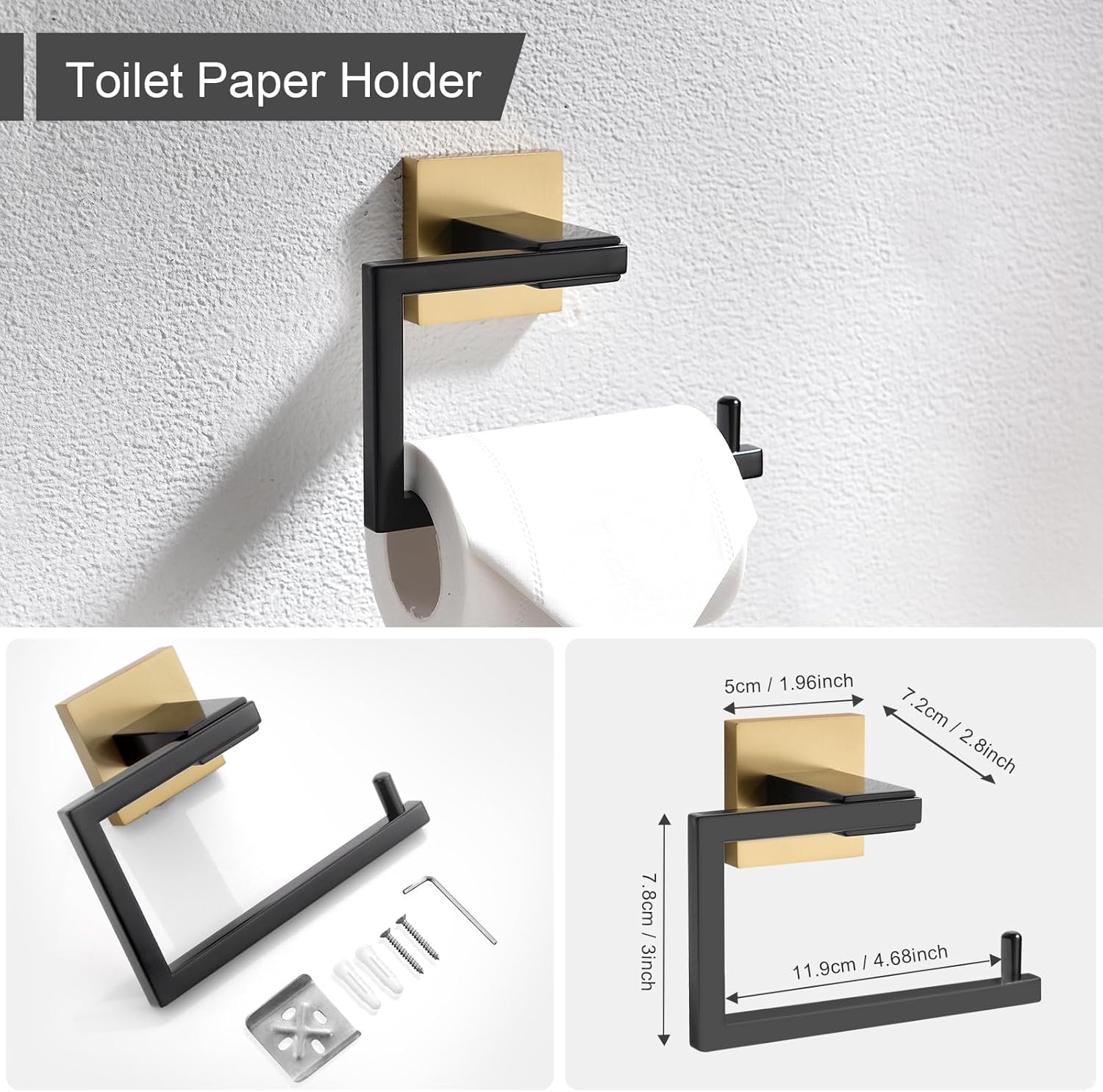 Towel Holder & Toilet Paper Holder Black & Gold, Bathroom Hardware Set, Stainless Steel Hand Towel Ring Bar, Wall Mounted Towel Hanger Tissue Roll Holder for Kitchen Lavatory 2 Pcs