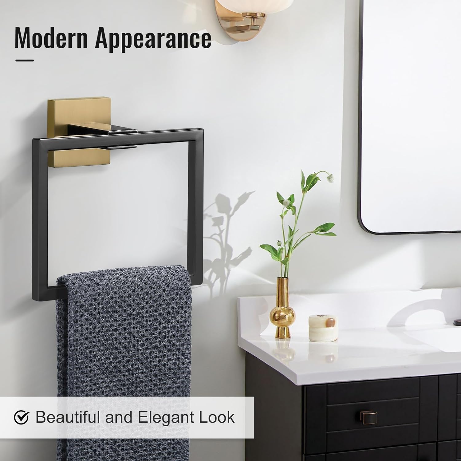 Towel Holder Bathroom Towel Ring, Black & Gold Hand Towel Bar, Stainless Steel Towel Rack Wall Mounted, Square Towel Hanger for Kitchen Lavatory