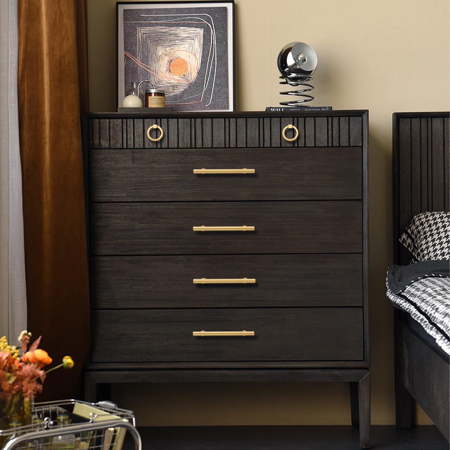 5 Inch Kitchen Cabinet Handles Solid Brass Cabinet Pulls Round Bar Handles Brushed Gold Dresser Drawer Pulls Hardware 4 Pack