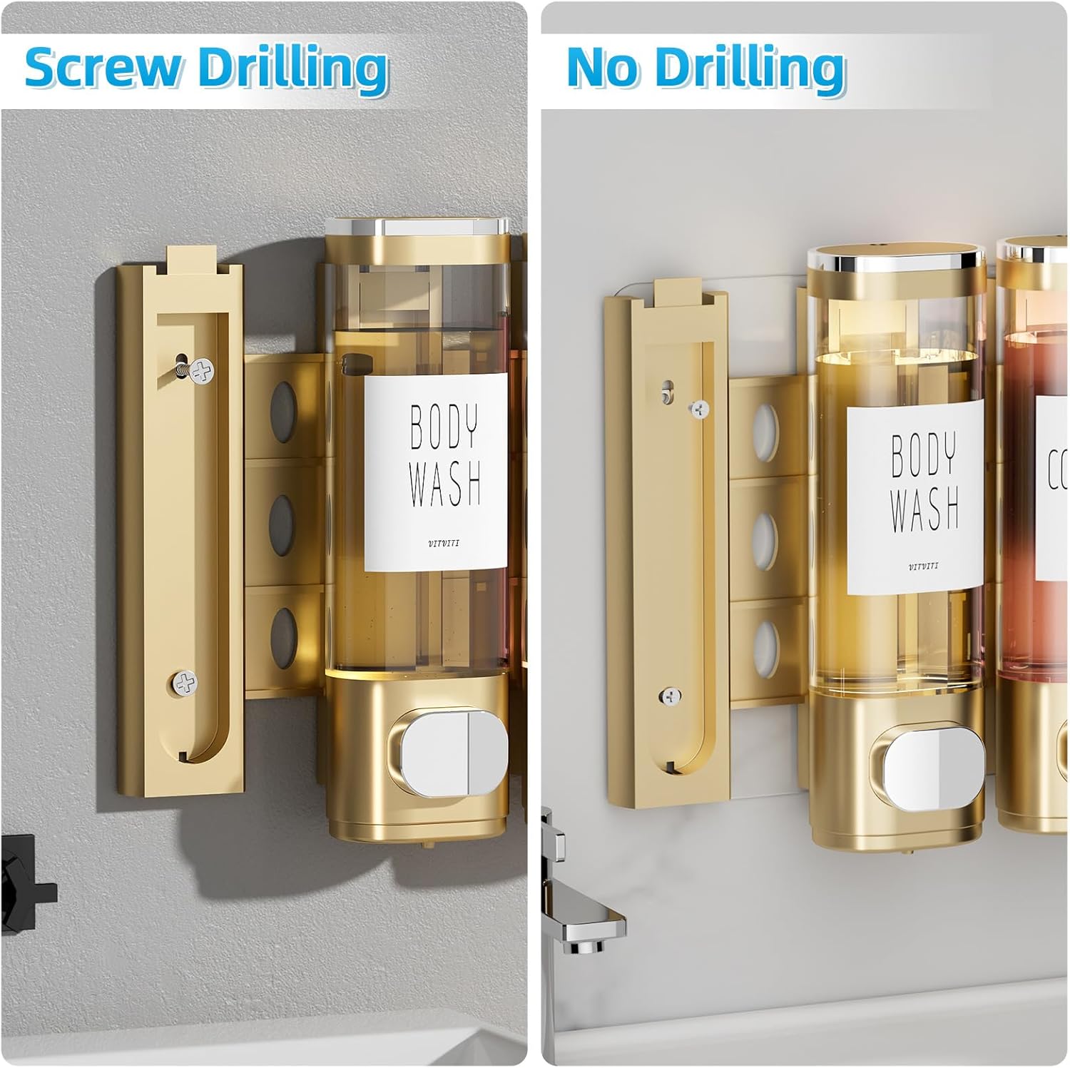 Shampoo and Conditioner Dispenser for Shower Wall, Shower Soap Dispenser 3 Chamber No Drill Wall Mounted, 10.2 OZ Plastic Refillable Shower/Body Wash Bottles for Bathroom (Glod)