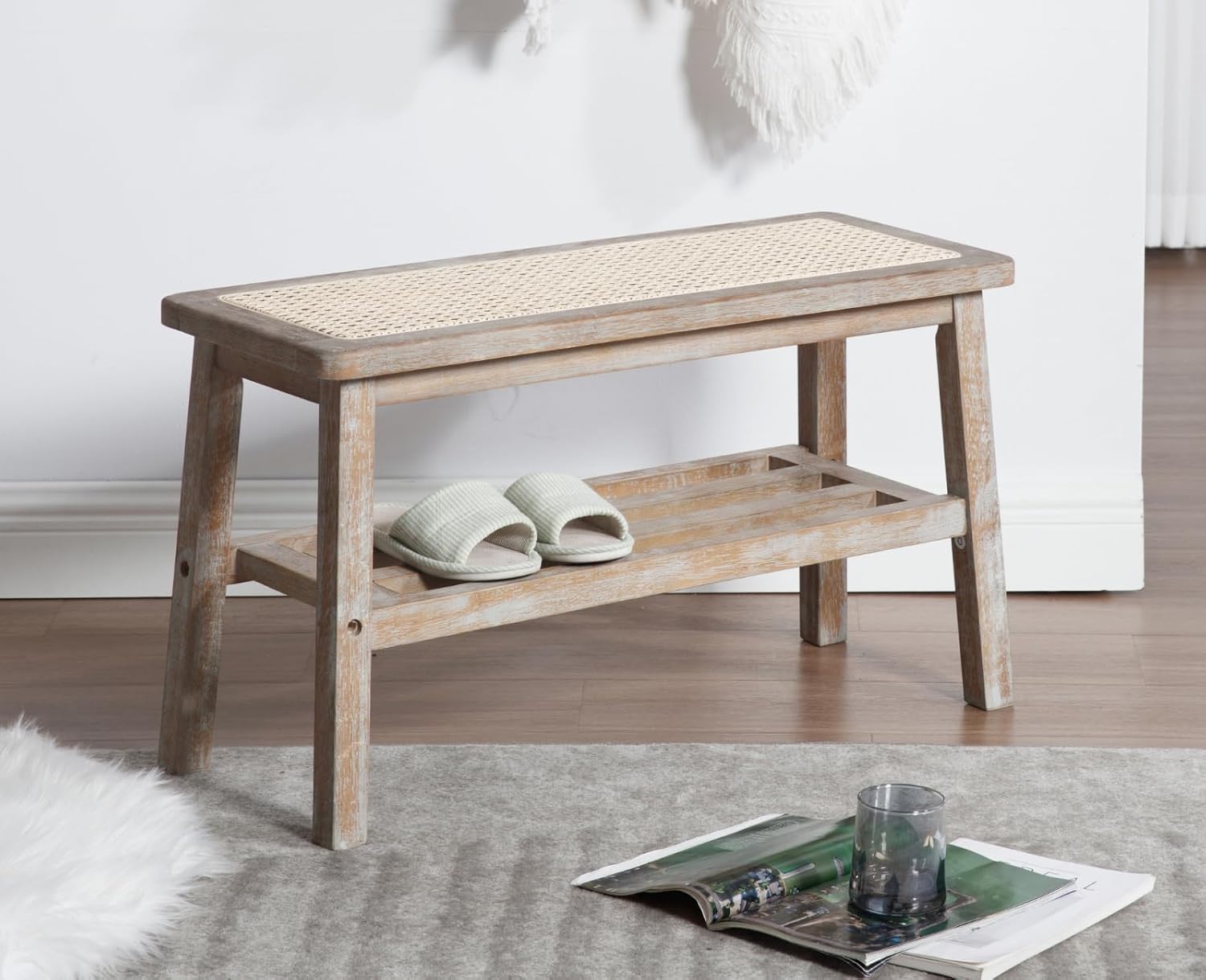 Rattan Entryway Bench with Storage Wood Shoe Rack Bench Farmhouse 2 Tier Storage Shoe Bench Mid Century Small Window Bench with Cane Seat