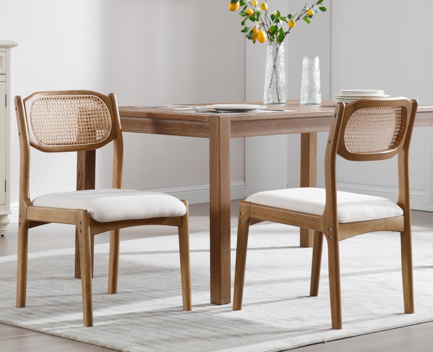 Modern Mid Century Wood Dining Room Chairs with Cane Back Upholstered Linen Kitchen Side Chairs