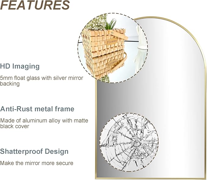 Arched Wall Mirror for Bathroom,Mirrors for Wall,24''x36'',Vanity Mirror for Bedroom Dresser, Entryway, Living Room, Metal Frame (36''x24'',Gold)