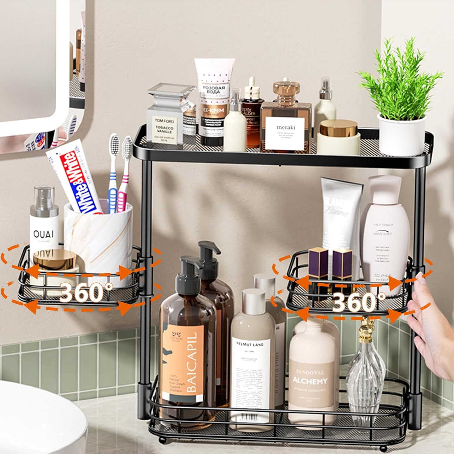 3 Tier Bathroom Organizer Countertop, Metal Wire Bathroom Counter Vanity Organizer Storage, Mesh Bathroom Sink Kitchen Shelf Rack with 360 Rotating Basket, Black