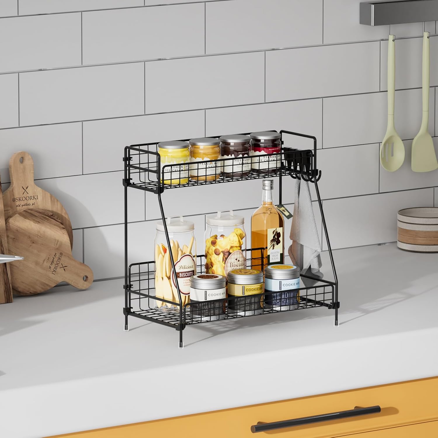 2 Tier Bathroom Organizer Countertop, Metal Wire Bathroom Counter Organizer Storage with Hooks, Vanity Tray Shelf, Kitchen Spice Rack, Black