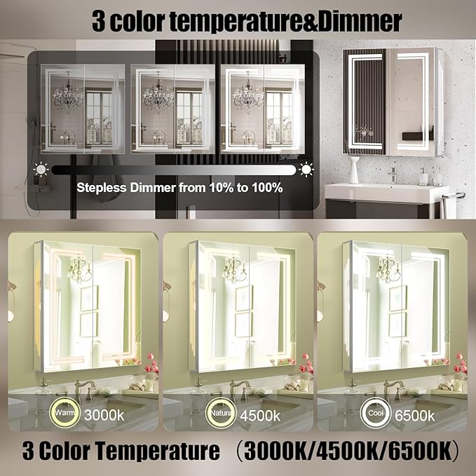 24×28inch Medicine Cabinet with Lights,Lighted Medicine Cabinet,3 Colors&Dimmable,Demister,Internal Light,USB Shaver Socket,Inner Door Lighting