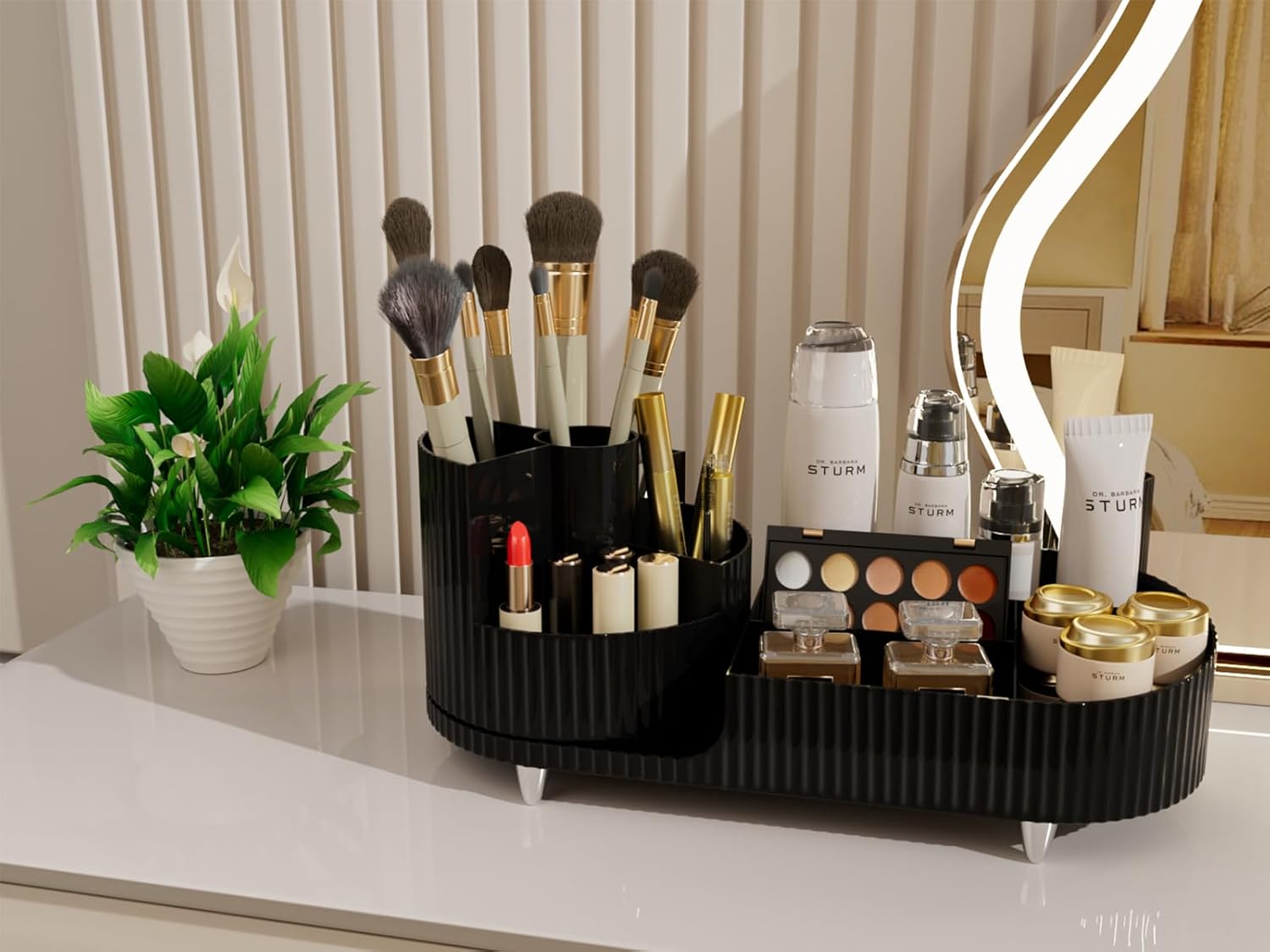 Makeup Organizer Countertop for Vanity, 360 Rotating Cosmetic Makeup Brush Holder Storage, Plastic Large Skincare Display Case Organizer for Lotion, Lipsticks, Perfume (black)