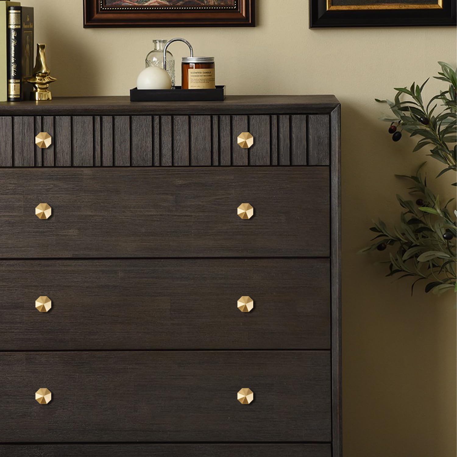 Solid Brass Knobs Beautiful Brushed Gold Kitchen Cabinet Knobs Contemporary Euro Style Dresser Drawer Knob Handles (8Pack Diameter:0.94"(24mm))