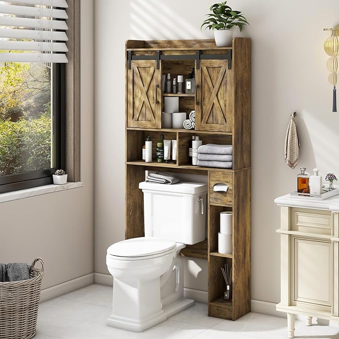 Over The Toilet Storage Cabinet, Farmhouse Storage Cabinet Over Toilet with Sliding Doors & Toilet Paper Holder Stand