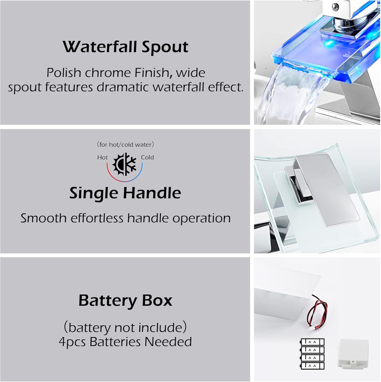 Bathroom Waterfall Faucet Chrome LED Glass Spout with Overflow Drain Stopper Single Handle One Hole Modern Design Bath Basin Tap 3 Color Changing Battery Powered Lavatory Vanity Sink Deck Mount