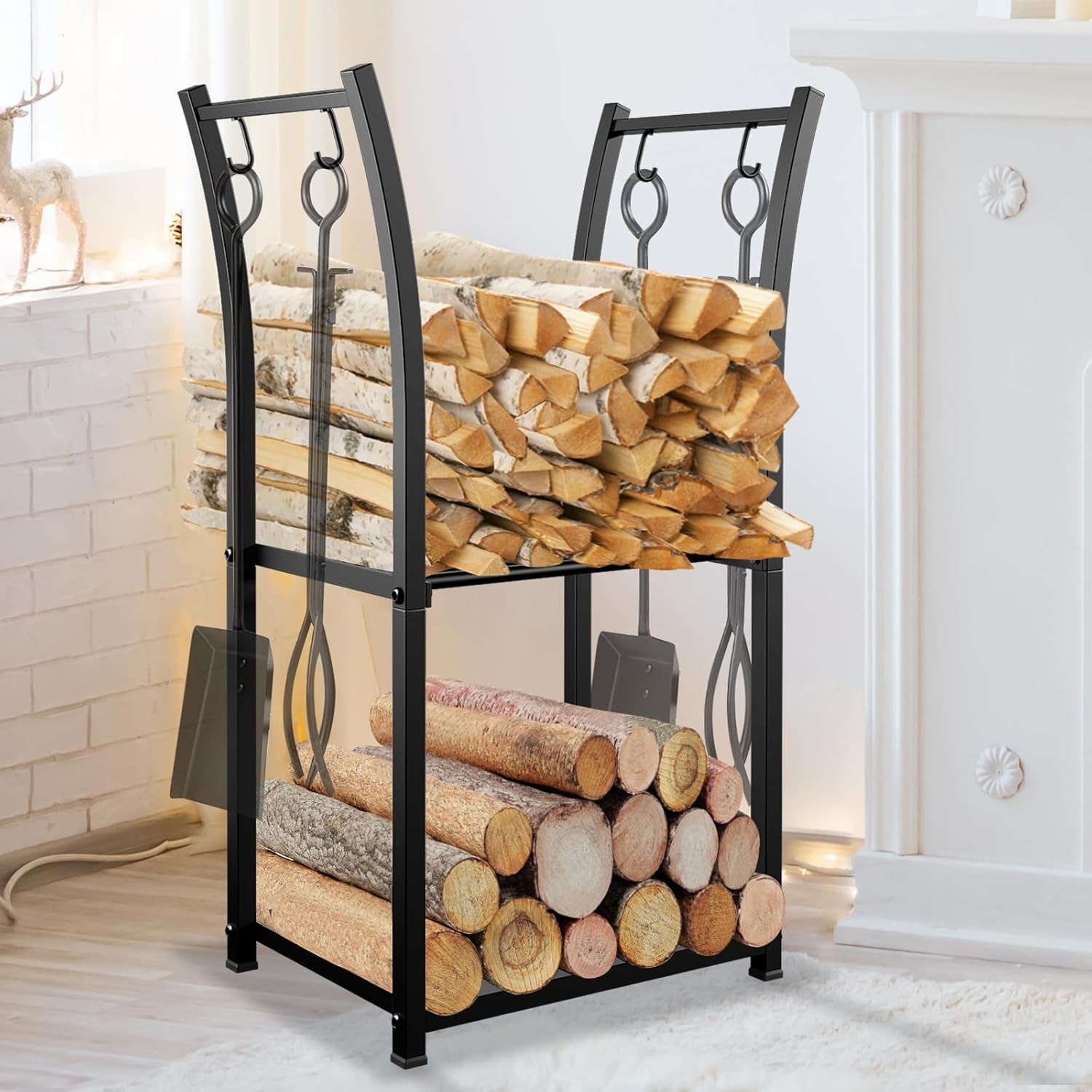 2 Tiers Indoor Firewood Rack with 4 Hooks - Portable Outdoor Firewood Rack, Heavy Duty Log Rack Wood Holder