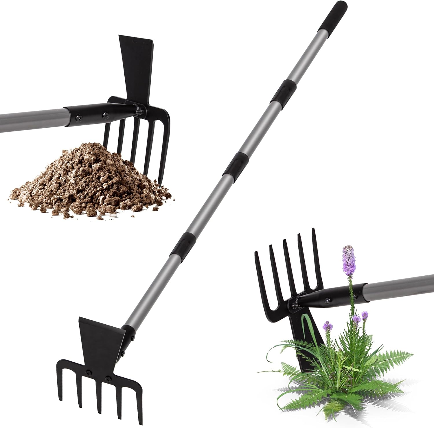 2 in 1 Hoe Garden Tool, 63 Inch Garden Hoe Cultivator and 5-Tines Rake with 37-63 Inch Adjustable Long Handle