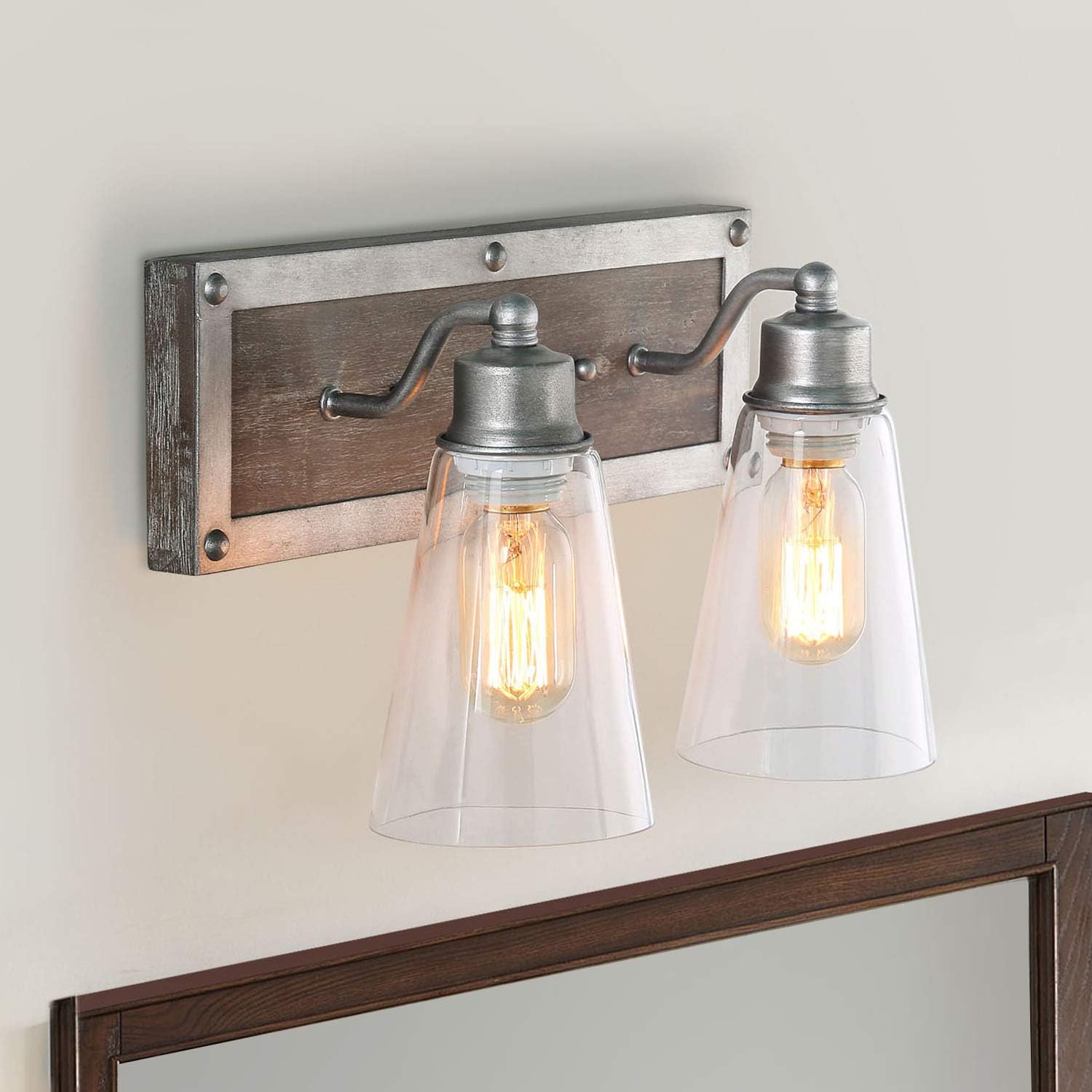 2 Lights Bathroom Lighting in Real Distressed Wood and Brushed Antique Silver Finish with Cone Clear Glass Shades