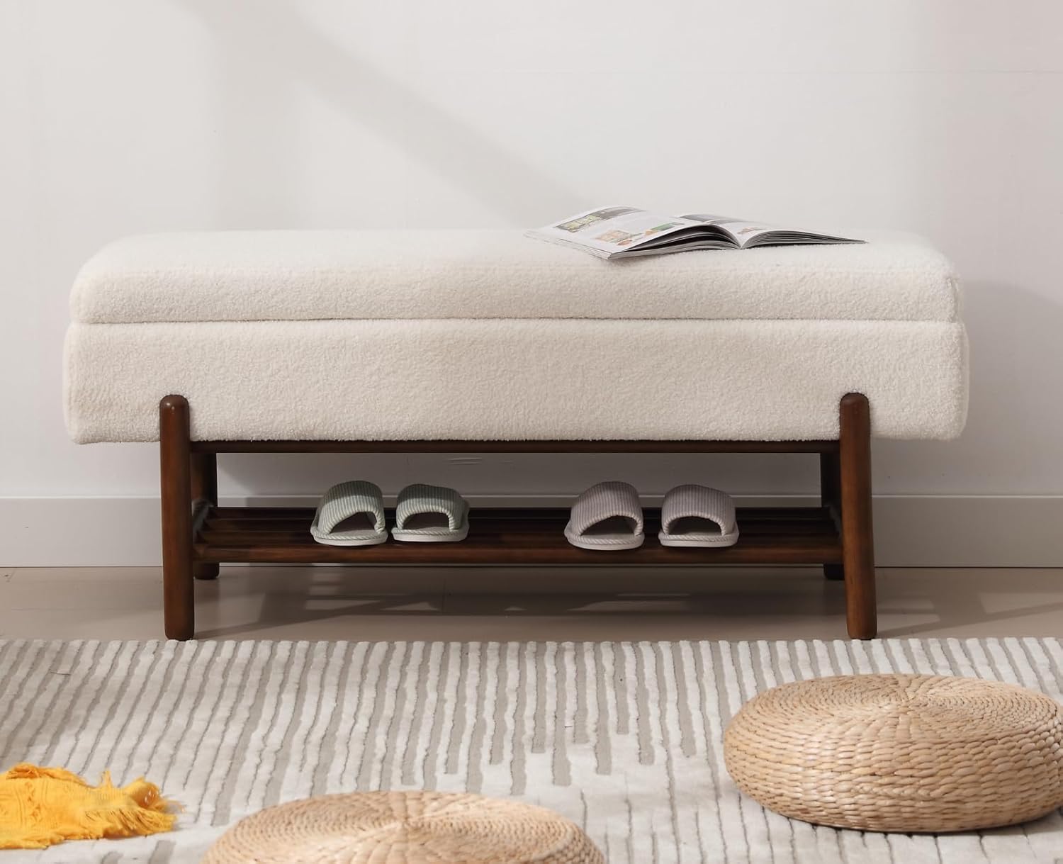 Modern Storage Bench for Bedroom End of Bed Sherpa Upholstered Ottoman Bench with Storage and Wood Shoe Rack Farmhouse Long Seating Bench