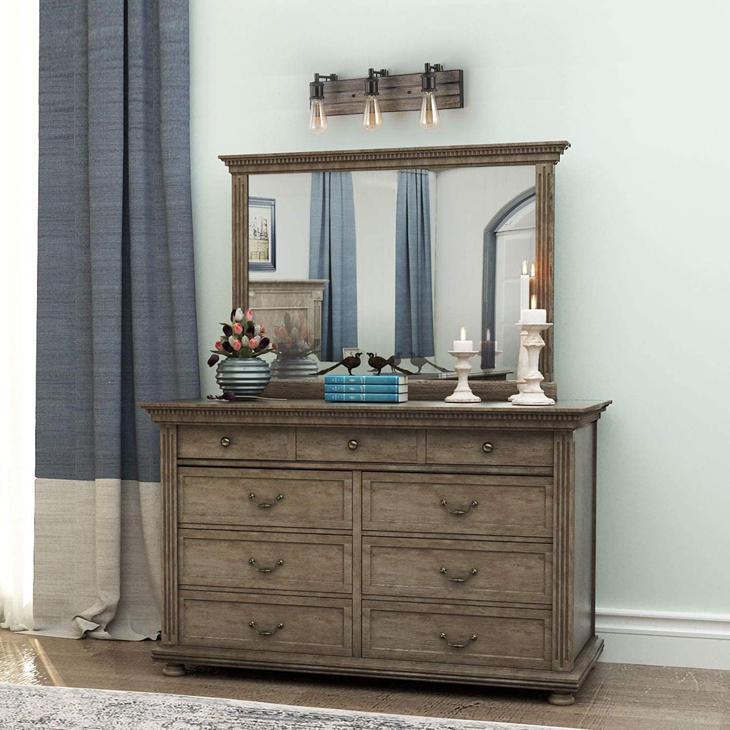 Bathroom Fixtures in Rustic Wood and Oil Rubbed Metal Finish, Farmhouse Wall Sconces with Adjustable Sockets Over Mirrors