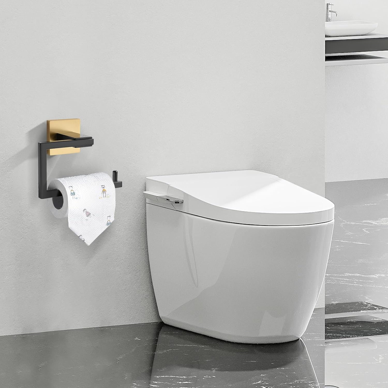 Towel Holder & Toilet Paper Holder Black & Gold, Bathroom Hardware Set, Stainless Steel Hand Towel Ring Bar, Wall Mounted Towel Hanger Tissue Roll Holder for Kitchen Lavatory 2 Pcs